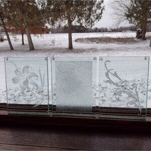 Glass Art Design Minneapolis MN Signed Floral Stucco Engraved (3) Glass Wall Art